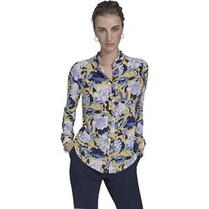 Tommy Hilfiger Women's Floral Print Ruffled Placket Long Sleeve Top in Blue